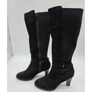 Black Knee-High High Heel Boots With Zipper & Buckle Accent Womens Size 8.5